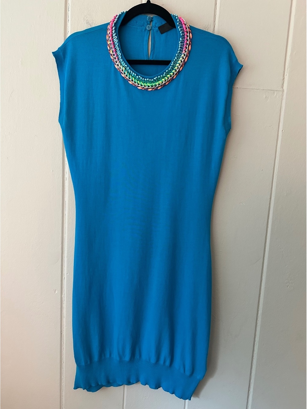 Love Moschino Blue Cotton Knit Dress with Vibrant Chain Neckline Size 6 Sinv SpA